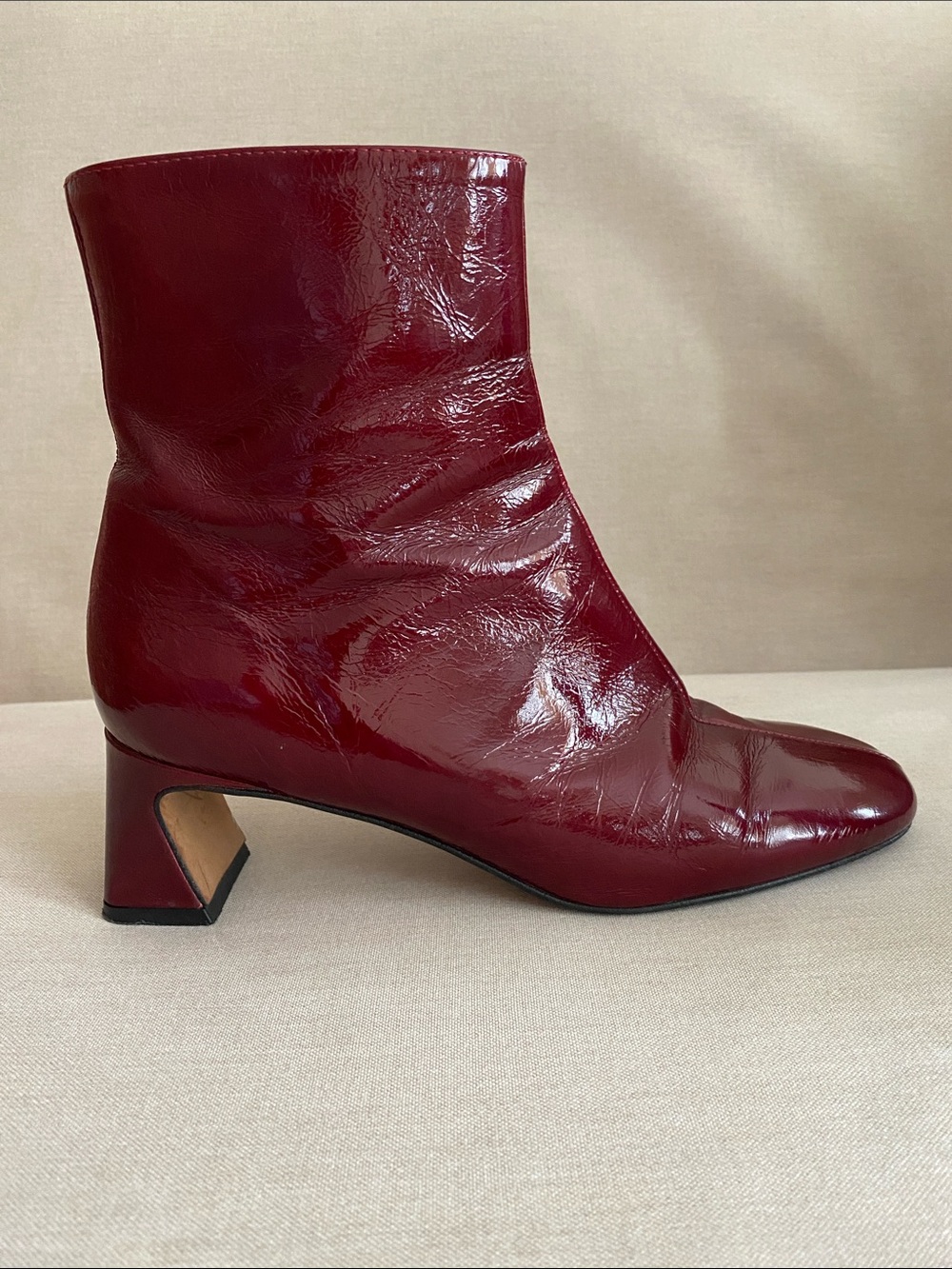 Ana Palma Burgundy  Patent Leather Ankle Boots Square Toe Block Heel size 7.5